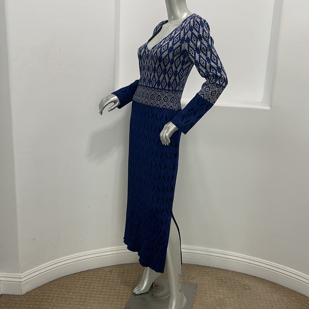 St. John Evening Diamond Jacquard Knit Maxi Dress Navy Blue Silver Long Sleeve 4 - Picture 4 of 14